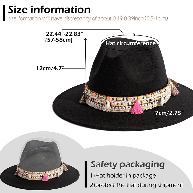 Gossifan Women's Felt Fedora Hat Wide Brim Panama Hats with Tassel-Black - Image 5